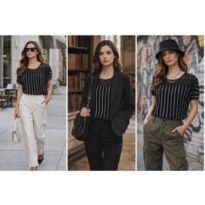 The Workshop L Women Sheer Stripe Top Black Quiet Luxury, Academia, Streetwear
